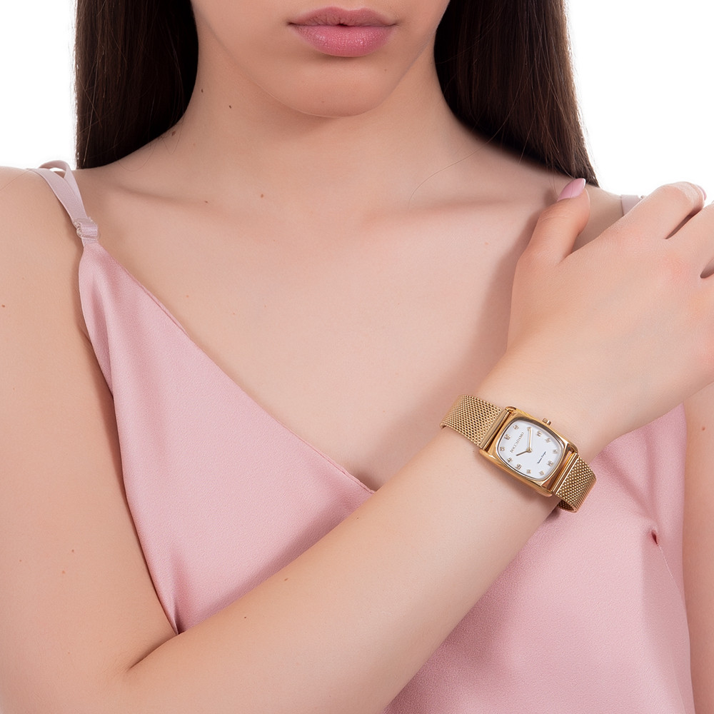 Orologio da polso donna con quadrante rettangolare e cinturino dorato
