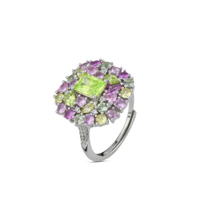 AN516 Adjustable ring with white, ruby and green zircon flower