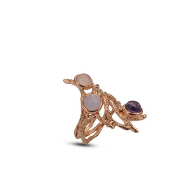 
Ring with amethyst cabochon, lace blue agate and rose quartz