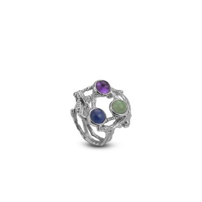 
Band ring with amethyst cabochon, blue kyanite and green aventurine