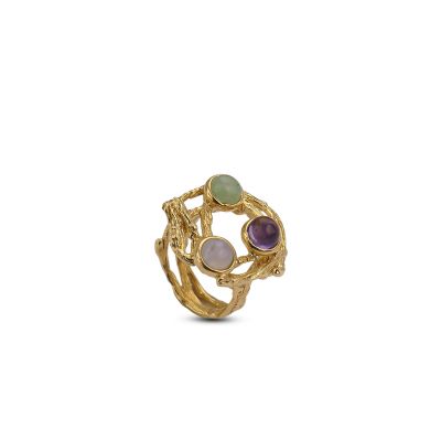 
Band ring with amethyst cabochon, blue lace agate and green aventurine