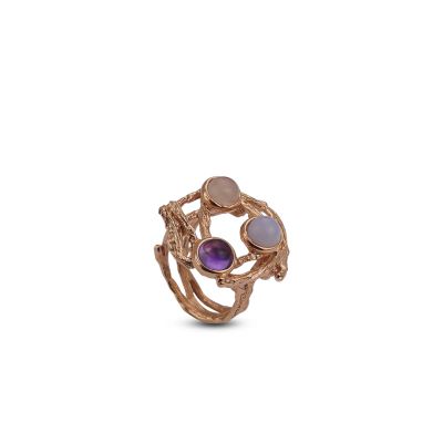 
Band ring with amethyst cabochon, blue lace agate and rose quartz