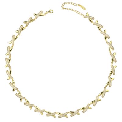 BGR163D Collana girocollo sontuosa placcata oro giallo a moduli ad intreccio dalla superficie liscia e in pavè di zirconi