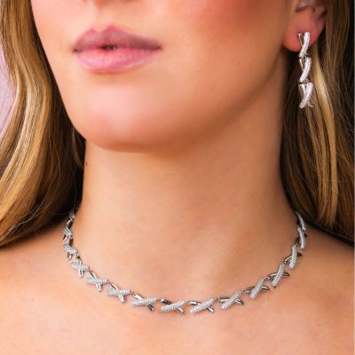 BGR163 Collana girocollo sontuosa a moduli ad intreccio dalla superficie liscia e in pavè di zirconi