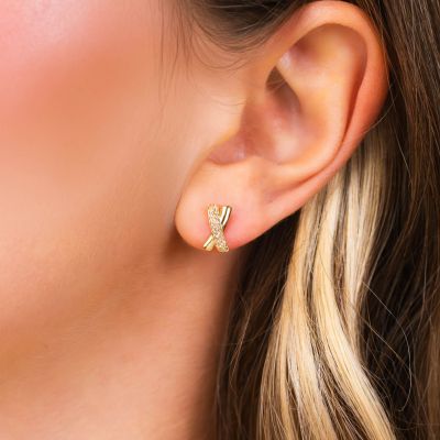 BOR182D Orecchini al lobo placcati oro giallo ad intreccio dalla superficie liscia e in pavè di zirconi