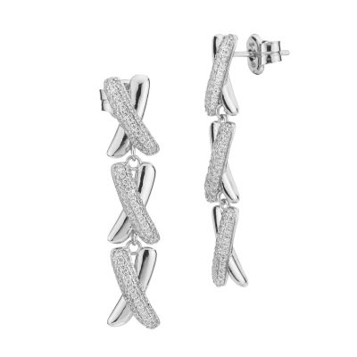 BOR183 Orecchini pendenti con tre moduli ad intreccio dalla superficie liscia e in pavè di zirconi