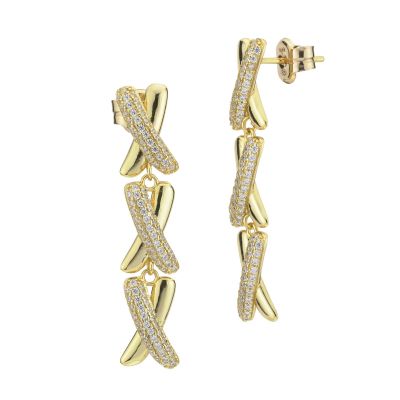 BOR183D Orecchini pendenti placcati oro giallo con tre incroci lisci e in pavè di zirconi