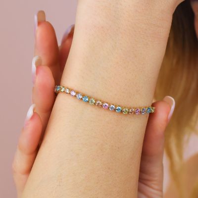 BR614D Yellow gold plated tennis bracelet with multicolor zircons