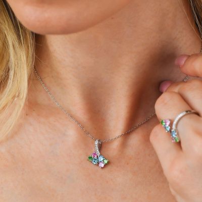 GR890 Necklace with aquamarine, pink and green zircons