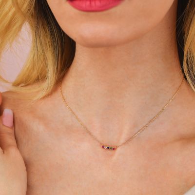 GR892D Yellow gold plated necklace with central multicolor zircons