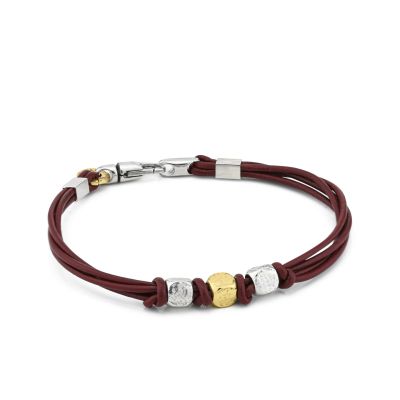 MBR219R Burgundy leather bracelet with three cubes