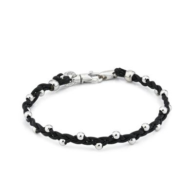 MBR221N Black leather bracelet with spherical inserts