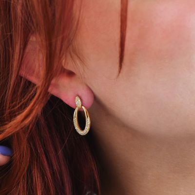 OR883D Yellow gold plated earrings with oval paved pendant module