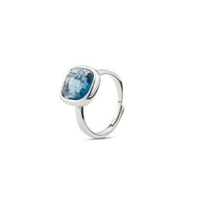 XAN206B Rhodium plated ring with medium london blue crystal