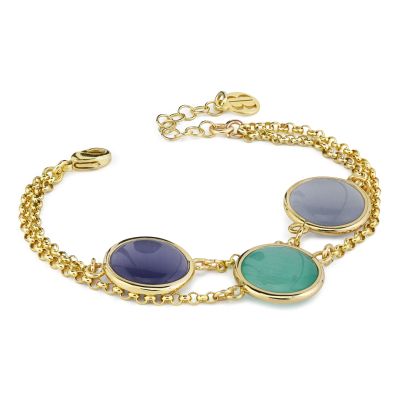 XB1040DT Bracciale placcato oro giallo con cristalli verde acqua, viola scuro e grigio a doppia catena