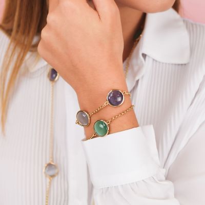XB1040DT Bracciale placcato oro giallo con cristalli verde acqua, viola scuro e grigio a doppia catena