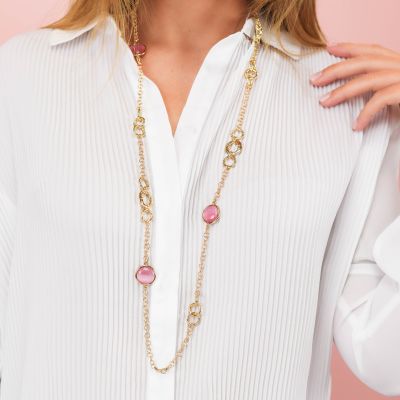 XGR739DR Collana placcata oro giallo con cristalli rosa chiaro e moduli circolari 