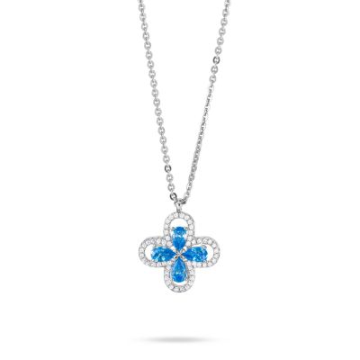 XGR751A Collana girocollo con quadrifoglio pendente definito da zirconi e fiore centrale acquamarina