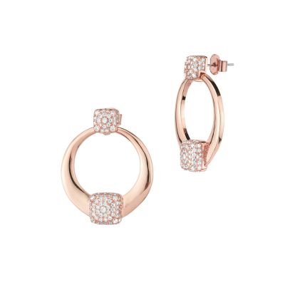 XOR768RS Orecchini placcati oro rosa con cerchi pendenti grandi e doppio quadrato in pavè di zirconi