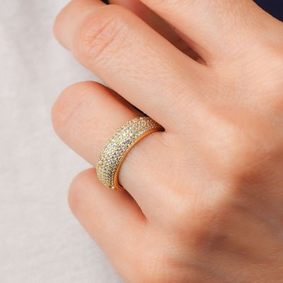 AN523DG Large yellow gold plated ring with internal and central spring of zircon pav
