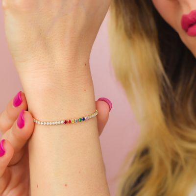 BR613D Yellow gold plated tennis bracelet with central multicolor zircons