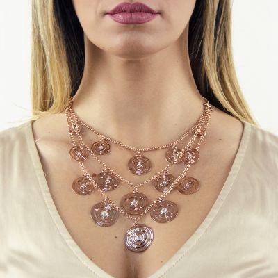 Collana multifilo placcata oro rosa con pendenti concentrici e cristalli